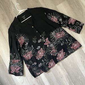 Citron Floral Shirt bamboo button up long sleeve womens Black (size 1x) artsy